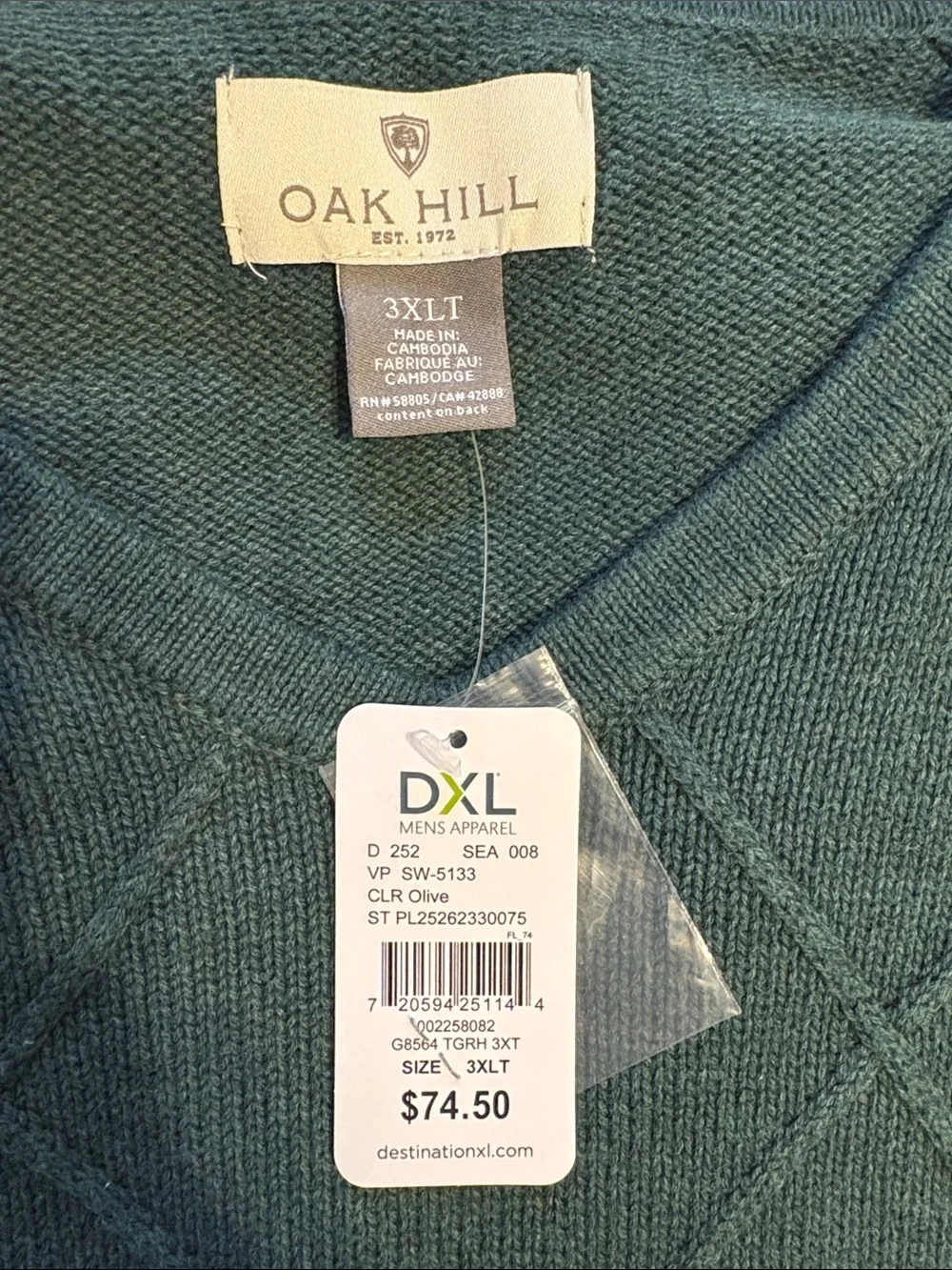 Oak Hill Men's Diamond-Knit V-Neck Sweater - Olive